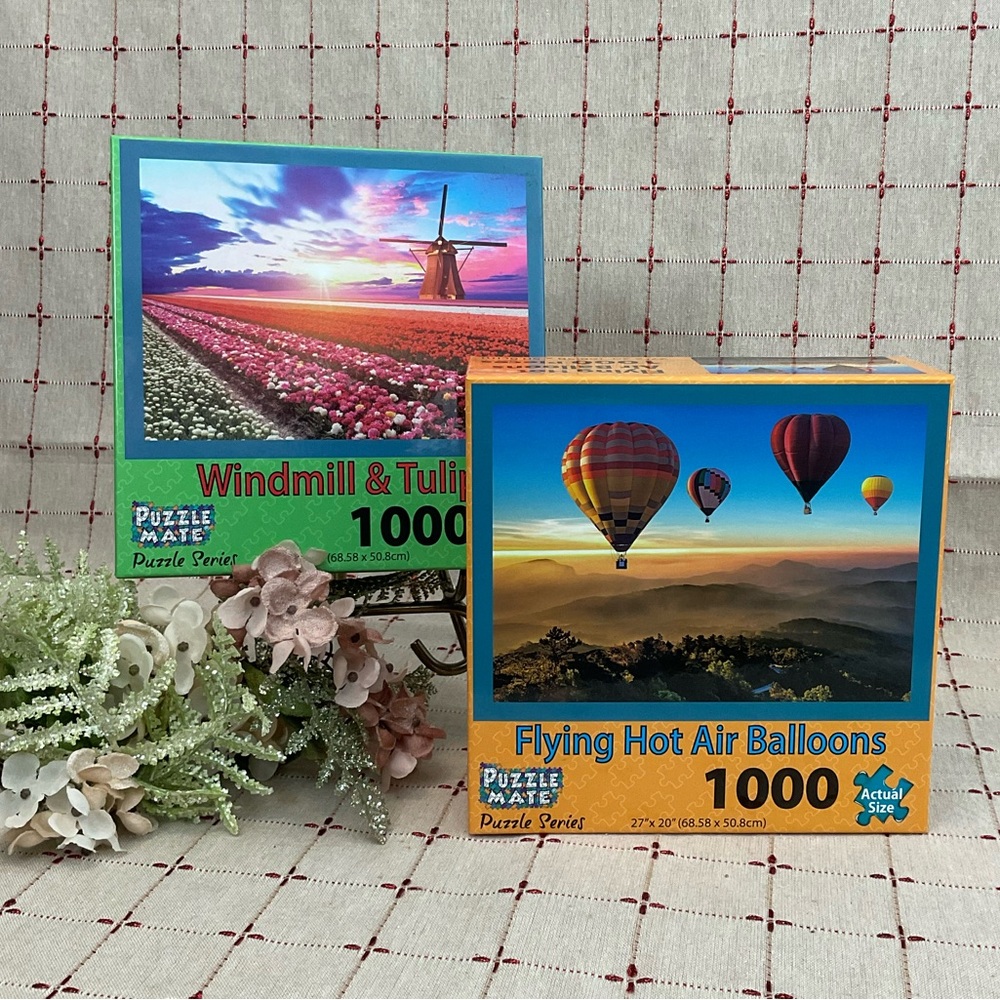 Set Of 2 Jigsaw Puzzles 1000 Pieces Each Windmill & Tulips Hot Air Balloons New